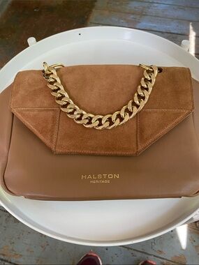Halston Heritage Brown Suede & Leather Shoulder Bag with Gold Chain